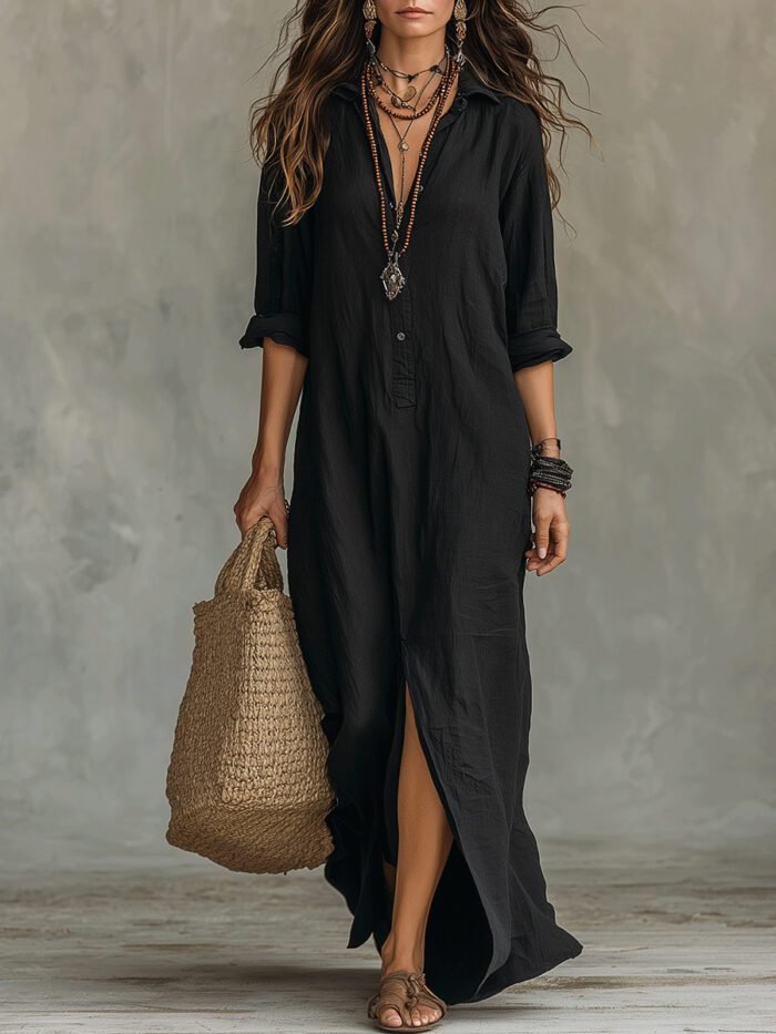 Spring Summer Solid Color Notch Lapel Front Slit Long Dress Casual Shirt Dress Lazy Style - Image 3