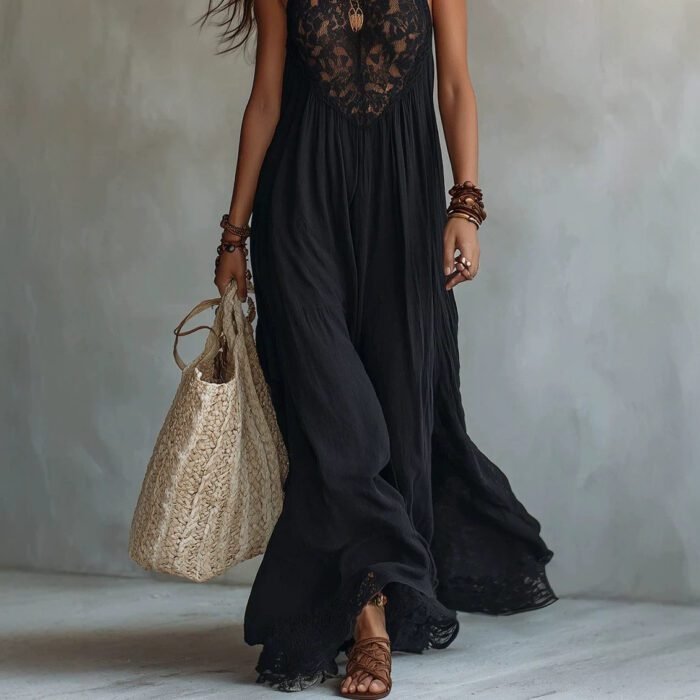 Style Black Lace Trim Sleeveless Long Dress Loose Vacation Style Maxi Dress Lace Dress - Image 4