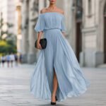 New Black Chiffon Maxi Dress with Split, One-Shoulder Design, Flowing and Draping Skirt
