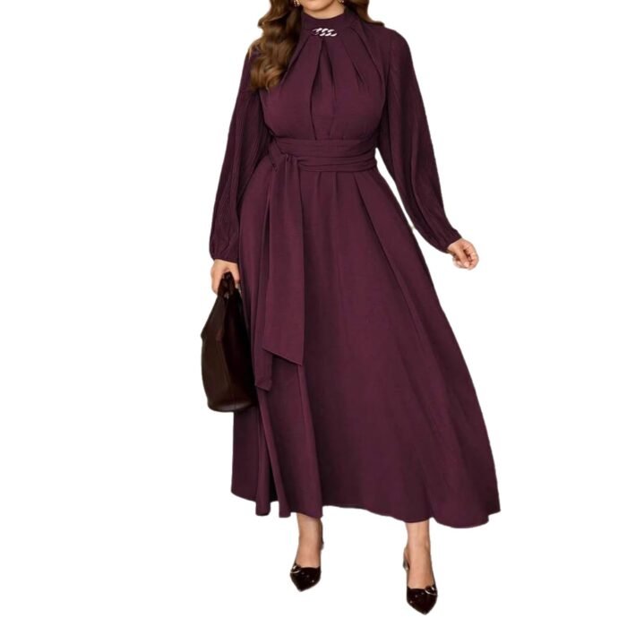 Elegant Long Sleeve Maxi DressFitted Solid Color Pleated Sleeve Dress - Image 5