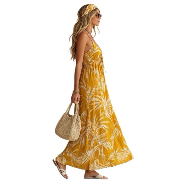 Summer New Vacation Style Printed V-Neck Strap Long Dress for Women Beach Dress - Image 5