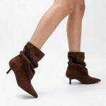 Pleated Mid-Calf Boots for Women Pointed Toe Medium Heel Velvet Boots - Image 6