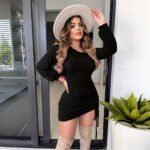 Women's Fashion Autumn Winter Sexy Slim Fit Solid Color Drawstring Asymmetrical Shoulder Long Sleeve Dress - Image 3