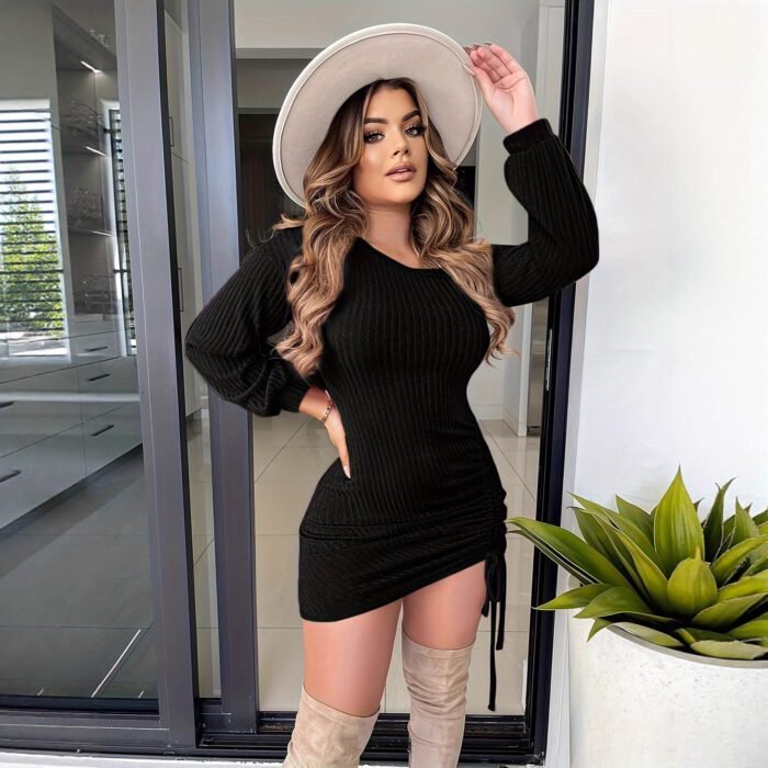 Women's Fashion Autumn Winter Sexy Slim Fit Solid Color Drawstring Asymmetrical Shoulder Long Sleeve Dress - Image 3