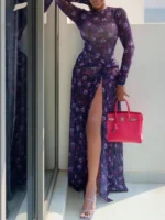 Sheer Floral Print Maxi Dress with High Slit - Image 2