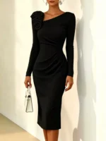 Rose Embellished Asymmetrical Neck Midi Dress - Image 7