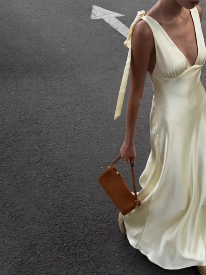Satin Tie Shoulder Deep V-Neck Dress - Image 4