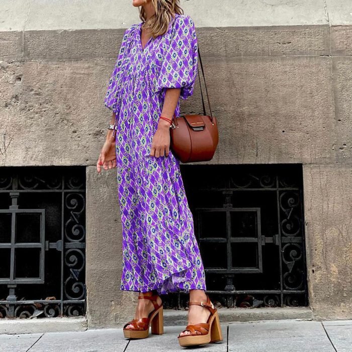 Bohemian Print Long Sleeve Maxi Dress for Women Fashion Spring Style Flowy Long Dress - Image 3