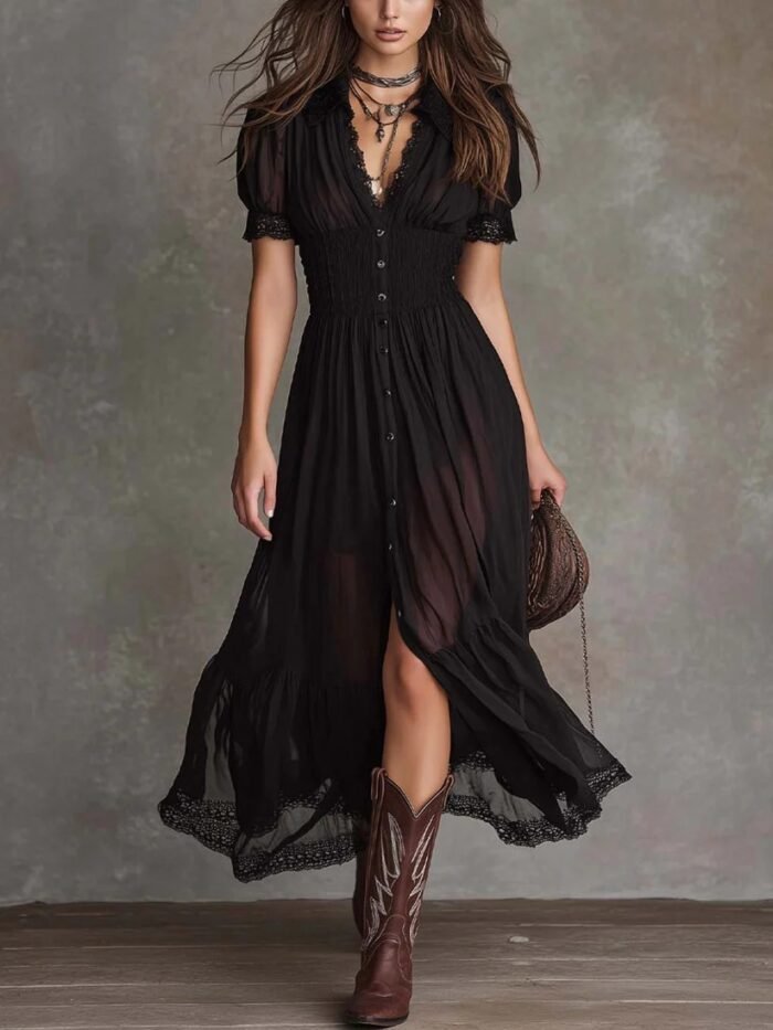 Cropped V-Neck Shirt Dress with Ruffled Hem and Side Slit, Dark Chic Style, Body-Con Fit, Long Skirt - Image 6