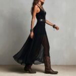 Summer New Black Strap Long Dress for Women, Mesh Dress with Belt