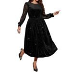 Velvet Dress with Lace Splicing Long SleeveWomen's Fashion Dress - Image 5