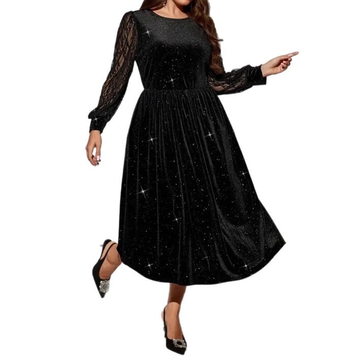 Velvet Dress with Lace Splicing Long SleeveWomen's Fashion Dress - Image 5