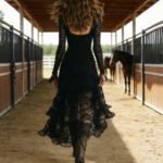 ElegantSolid Color Lace Panel High-Waisted Long Sleeve Square Neck Long Dress - Image 2