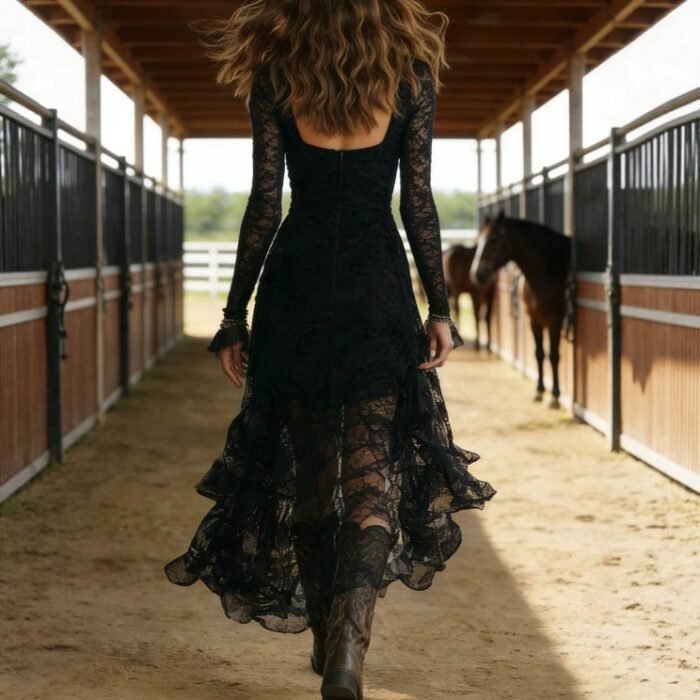 ElegantSolid Color Lace Panel High-Waisted Long Sleeve Square Neck Long Dress - Image 2