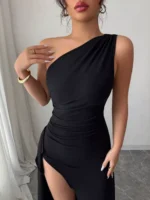 One-Shoulder Ruched High-Slit Maxi Dress - Image 2