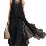Chic Flowy Black Sleeveless Asymmetrical Chiffon Long Dress - Image 5