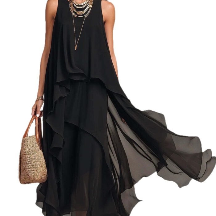 Chic Flowy Black Sleeveless Asymmetrical Chiffon Long Dress - Image 5