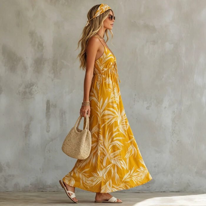 Summer New Vacation Style Printed V-Neck Strap Long Dress for Women Beach Dress - Image 2