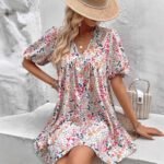 Cute Floral Print V-Neck Puff Sleeve Pleated Casual Loose Dress for Women - Image 4