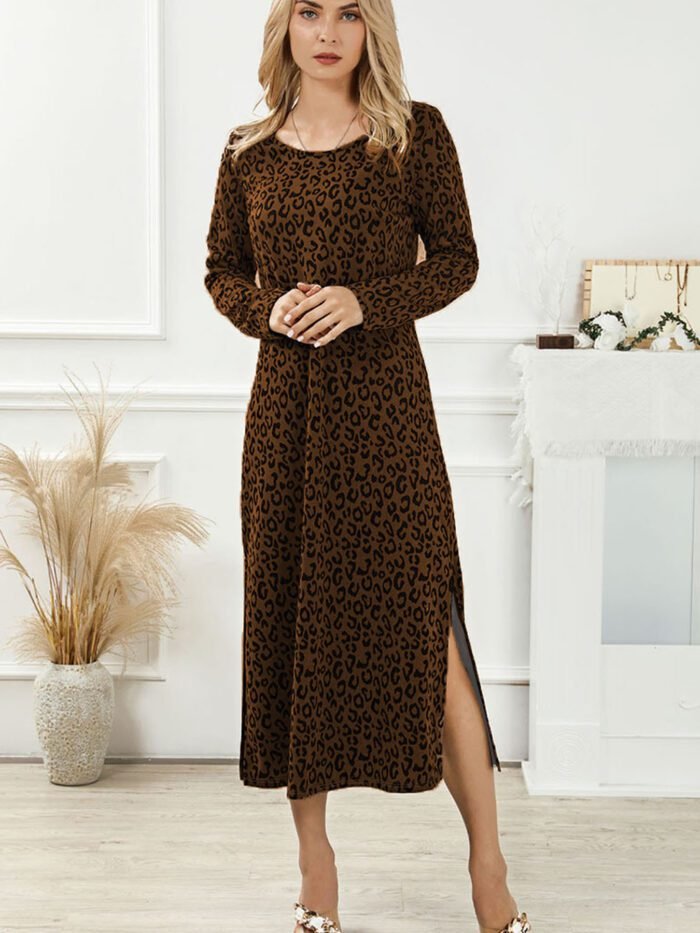 Fashion Women's Vintage Leopard Print Dress Round Neck Long Sleeve Casual Midi Dress - Image 8