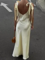 Satin Tie Shoulder Deep V-Neck Dress - Image 3