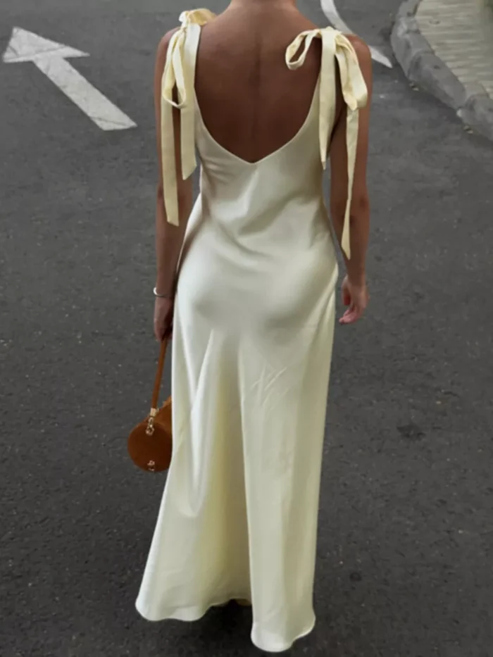 Satin Tie Shoulder Deep V-Neck Dress - Image 3