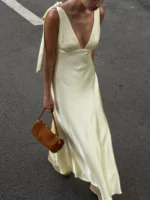 Satin Tie Shoulder Deep V-Neck Dress - Image 2