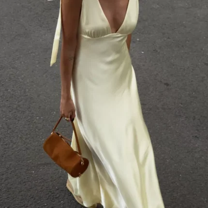 Satin Tie Shoulder Deep V-Neck Dress