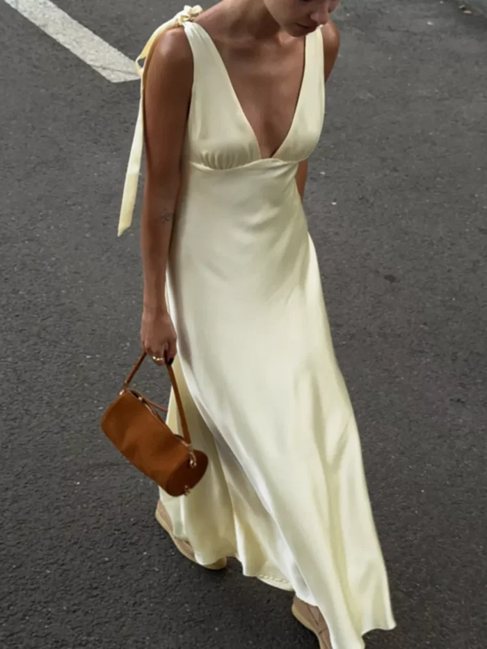 Satin Tie Shoulder Deep V-Neck Dress - Image 2