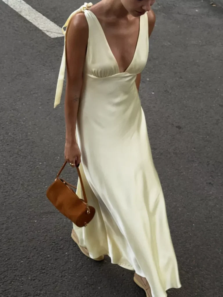 Satin Tie Shoulder Deep V-Neck Dress