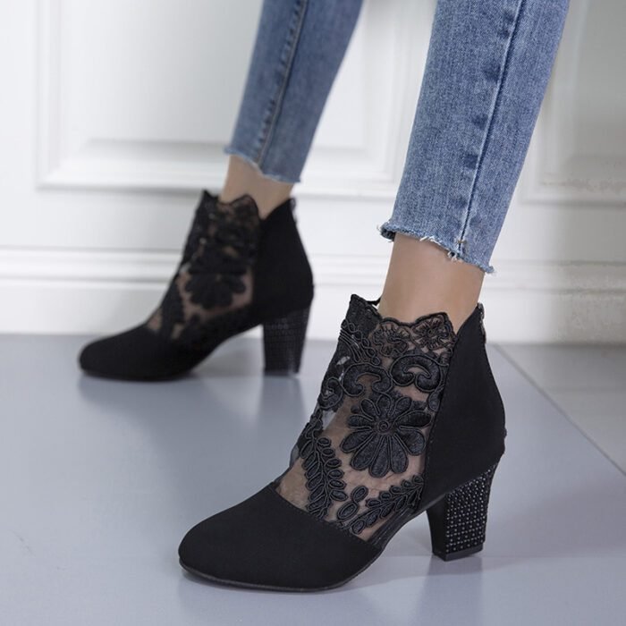 580013262 Lace Mesh High-Heeled Sandals Women European and American Style Round Toe Chunky Heel Roman Sandals Wholesale - Image 1