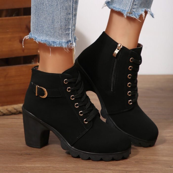Chunky Heel Women's Leather Boots Low Cuff Round Toe High Heel Lace-Up Style with Heightening and Slimming Effect - Image 6