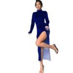 Women's High Neck Long Velvet Dress with Pleats and Slit Fitted SilhouetteAutumn/Winter Fashion - Image 5