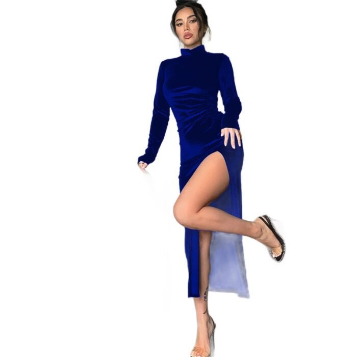 Women's High Neck Long Velvet Dress with Pleats and Slit Fitted SilhouetteAutumn/Winter Fashion - Image 5