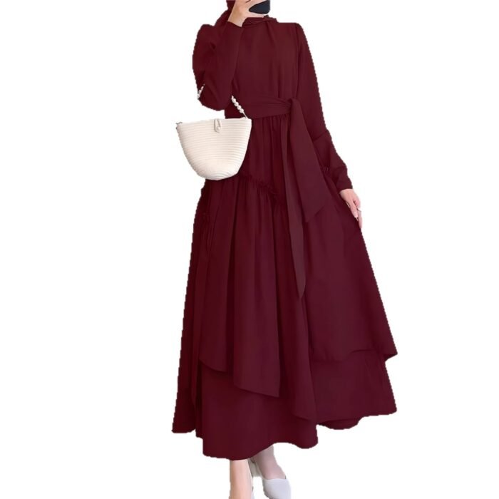 Hem Maxi Dress with High Waist and Flowing Skirt Solid Color Fitted Waist, Long Dress - Image 5