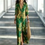 Blue Tone Printed Chiffon Turn-down Collar Split Resort Beach Dress - Image 4