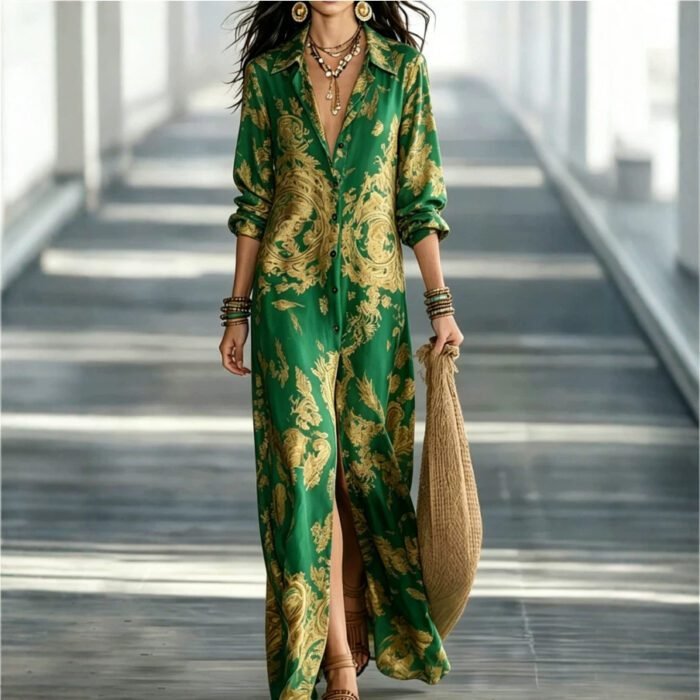 Blue Tone Printed Chiffon Turn-down Collar Split Resort Beach Dress - Image 4