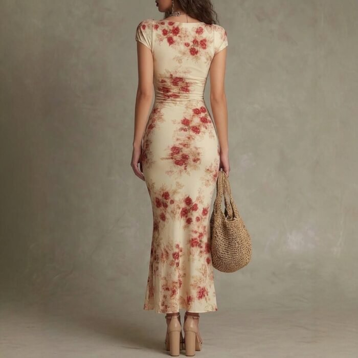 Vintage Printed Fitted Dress Elegant Slim Fit Bodycon Long Dress Evening Gown - Image 4