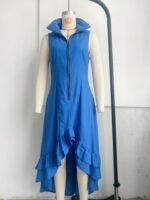 Vintage Casual Turn-Down Collar Front Zipper Ruffle Hem Dress for Women - Image 12