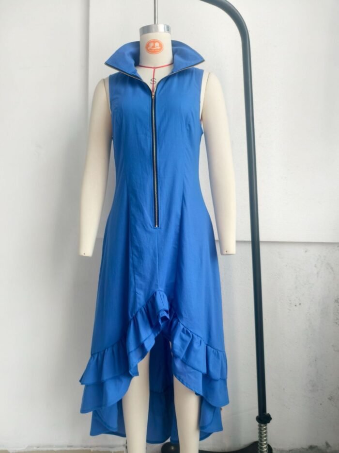 Vintage Casual Turn-Down Collar Front Zipper Ruffle Hem Dress for Women - Image 12