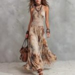 French Vintage Painted Floral Backless Strapless Summer Beach Vacation Long Dress - Image 6