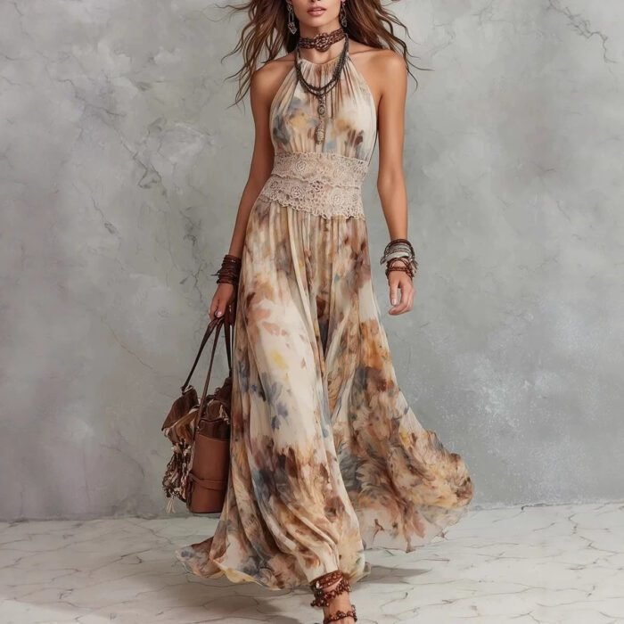 French Vintage Painted Floral Backless Strapless Summer Beach Vacation Long Dress - Image 6