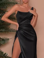 One-Shoulder Satin Maxi Dress with High Slit - Image 6