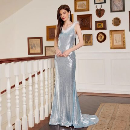 Elegant Light Blue Evening Dress Long Gown Formal Party Dress