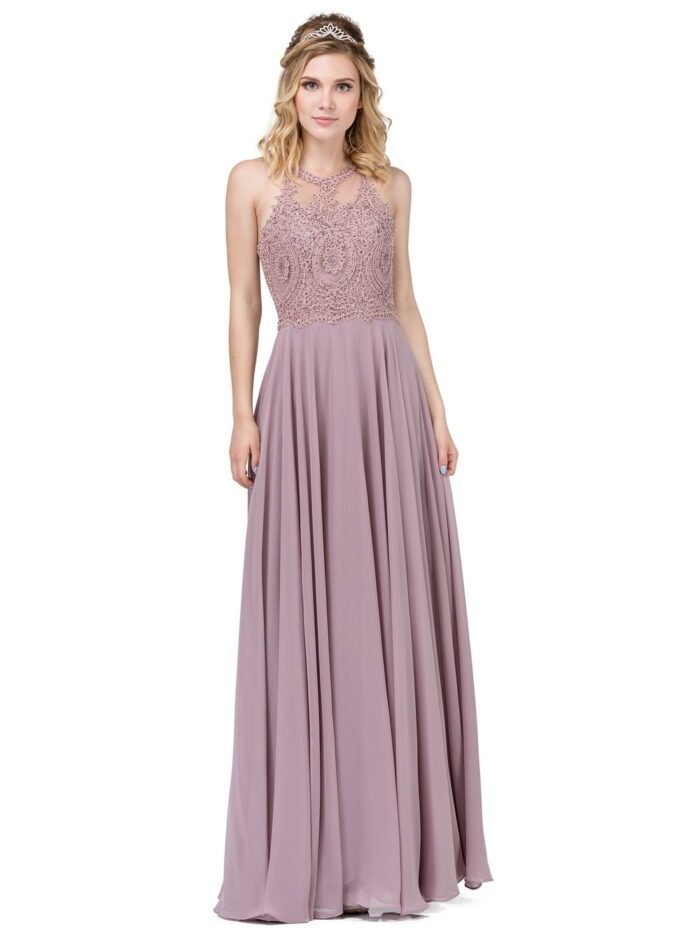 Wildflower Halter Chiffon Gown in mocha