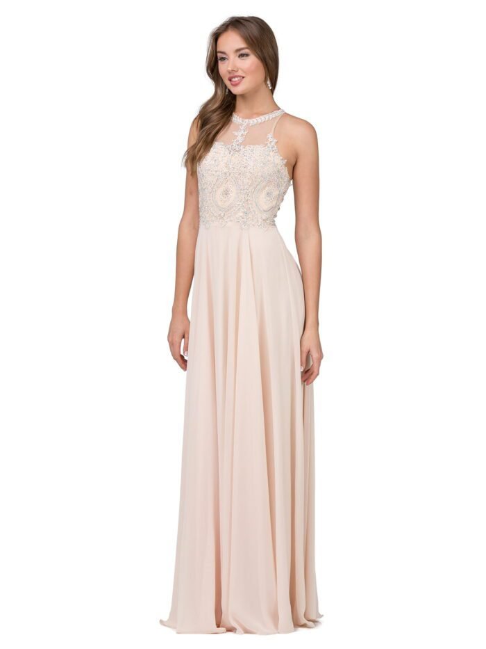 Wildflower Halter Chiffon Gown in champagne