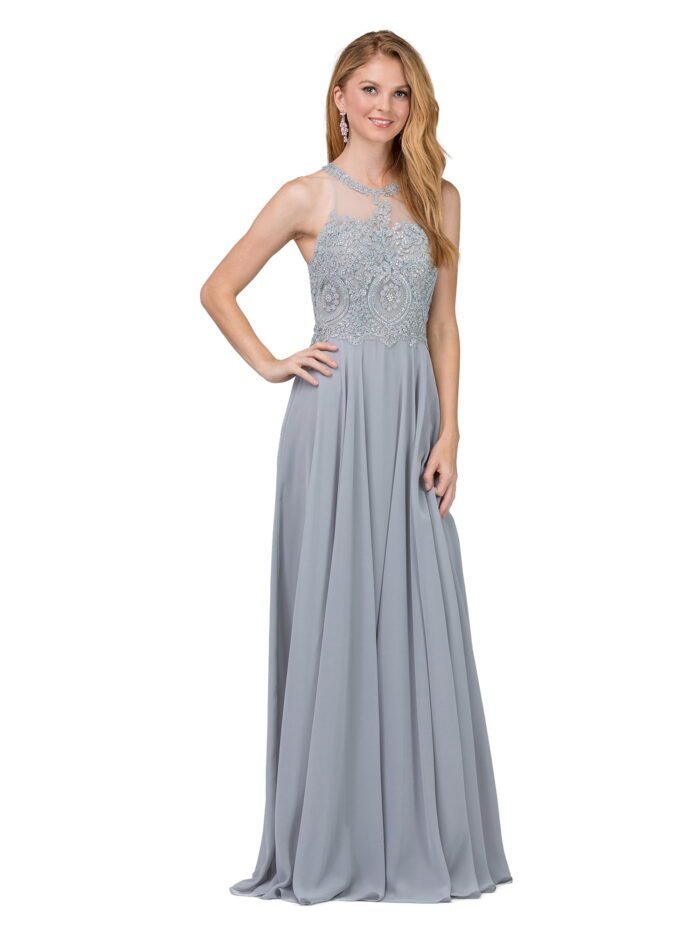 Wildflower Halter Chiffon Gown in silver