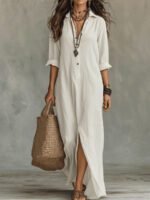 Spring Summer Solid Color Notch Lapel Front Slit Long Dress Casual Shirt Dress Lazy Style