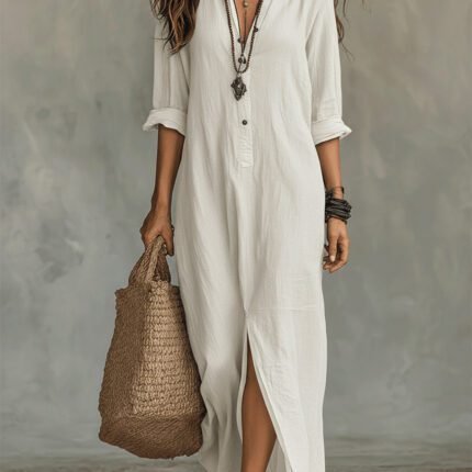 Spring Summer Solid Color Notch Lapel Front Slit Long Dress Casual Shirt Dress Lazy Style