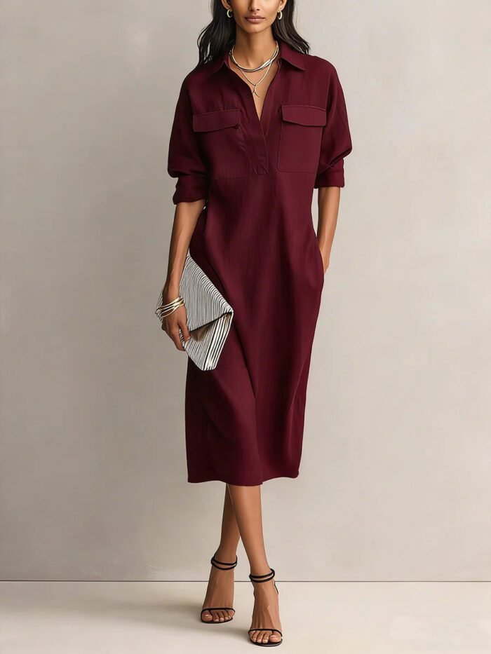Elegant and Sophisticated Office Casual Fashion Fitted Comfortable Solid Color Mid-Length Dress - Image 8